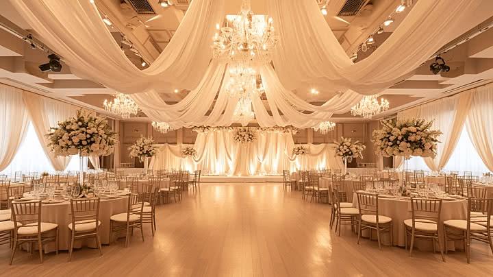 Elegant wedding ballroom set with draped ceiling, chandeliers, and floral centerpieces