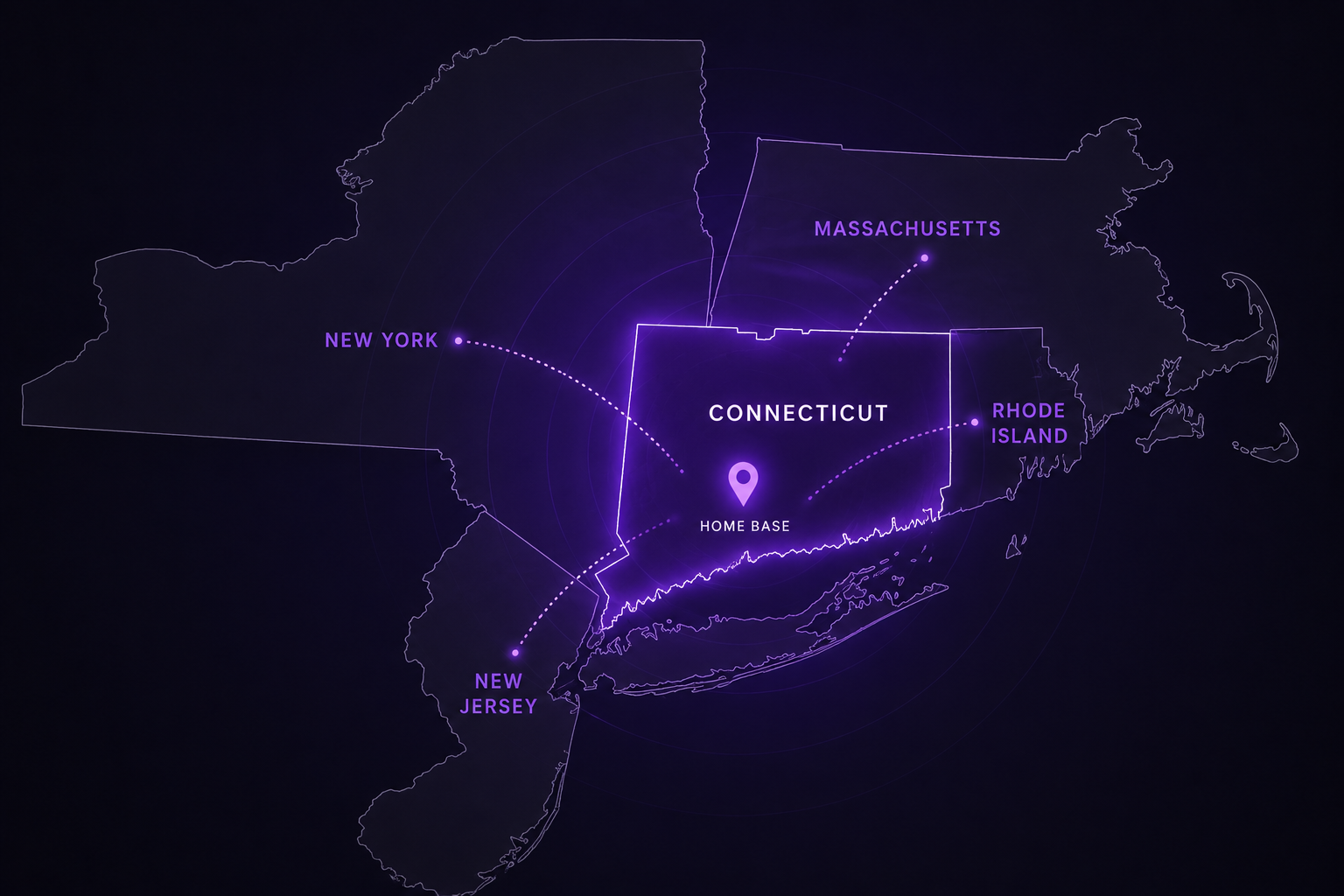 Service area map: Connecticut home base with travel to New York, New Jersey, Massachusetts, and Rhode Island.
