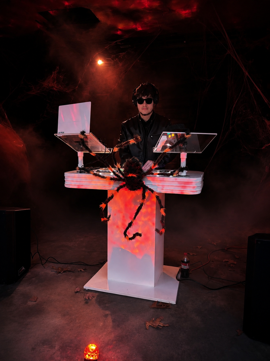 DJ Aiden Jules at a Halloween-themed white DJ booth with spider decor and red haze